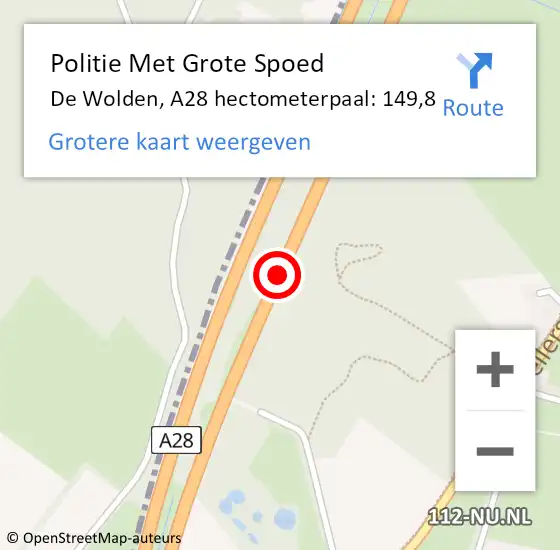 Locatie op kaart van de 112 melding: Politie Met Grote Spoed Naar Hoogeveen, A28 hectometerpaal: 149,8 op 8 november 2022 12:46