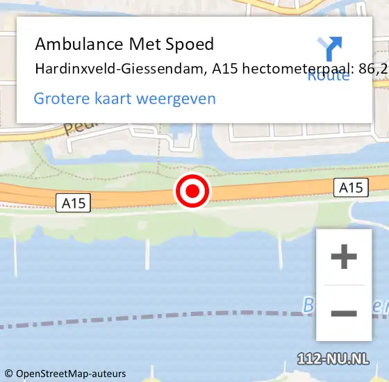 Locatie op kaart van de 112 melding: Ambulance Met Spoed Naar Hardinxveld-Giessendam, A15 hectometerpaal: 86,2 op 8 november 2022 17:45