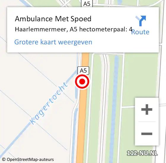 Locatie op kaart van de 112 melding: Ambulance Met Spoed Naar Haarlemmermeer, A5 hectometerpaal: 4 op 9 november 2022 07:24