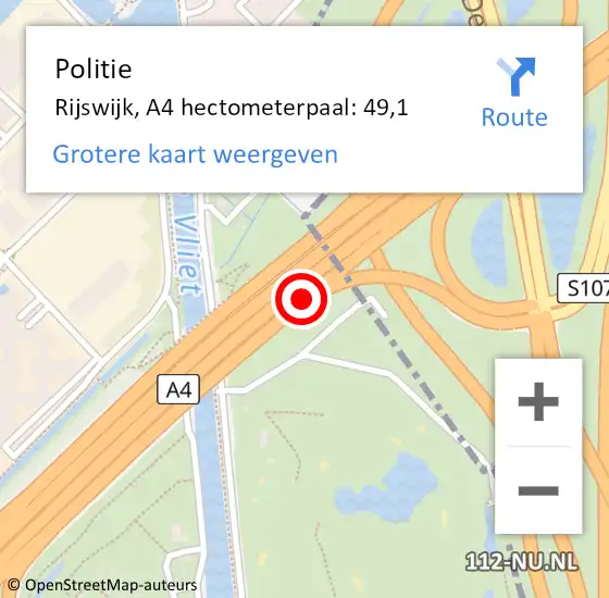 Locatie op kaart van de 112 melding: Politie Den Haag, A4 hectometerpaal: 49,1 op 9 november 2022 08:40