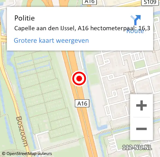 Locatie op kaart van de 112 melding: Politie Rotterdam, A16 hectometerpaal: 16,3 op 9 november 2022 08:43