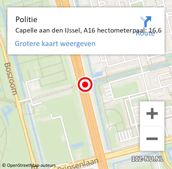Locatie op kaart van de 112 melding: Politie Rotterdam, A16 hectometerpaal: 16,6 op 9 november 2022 08:58
