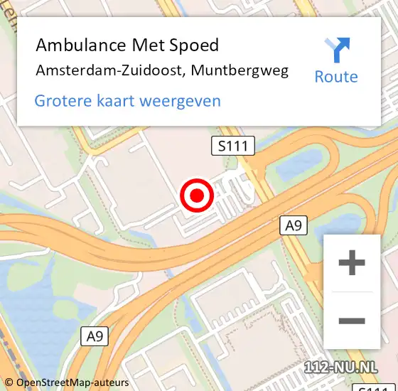 Locatie op kaart van de 112 melding: Ambulance Met Spoed Naar Amsterdam-Zuidoost, Muntbergweg op 9 november 2022 10:58