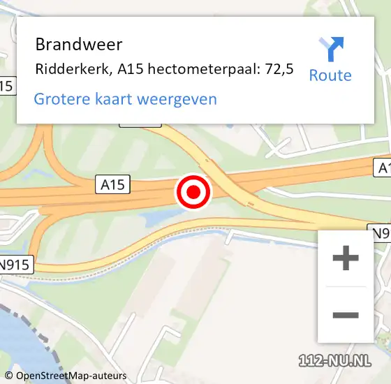 Locatie op kaart van de 112 melding: Brandweer Ridderkerk, A15 hectometerpaal: 72,5 op 9 november 2022 13:22