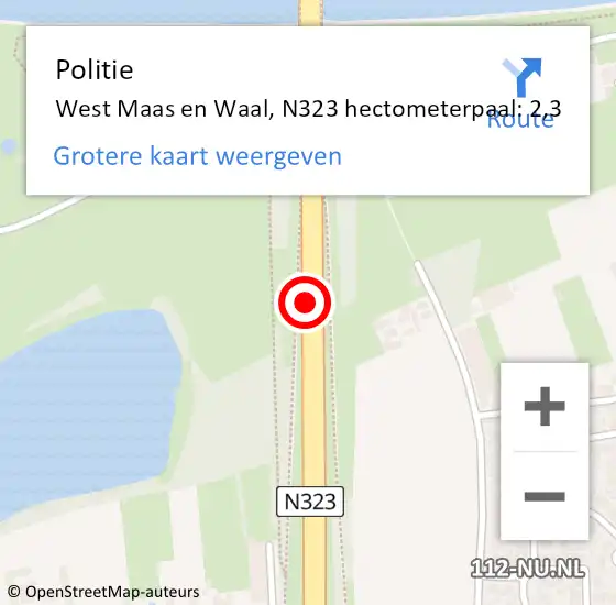 Locatie op kaart van de 112 melding: Politie West Maas en Waal, N323 hectometerpaal: 2,3 op 9 november 2022 18:50