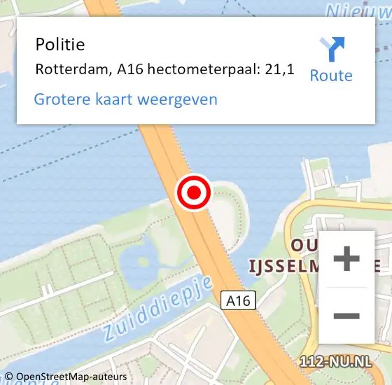 Locatie op kaart van de 112 melding: Politie Rotterdam, A16 hectometerpaal: 21,1 op 10 november 2022 05:02