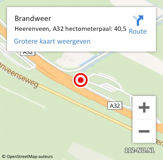 Locatie op kaart van de 112 melding: Brandweer Heerenveen, A32 hectometerpaal: 40,5 op 10 november 2022 05:58
