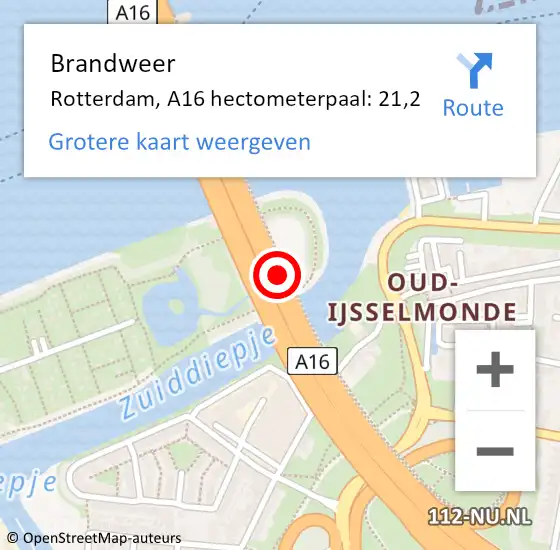 Locatie op kaart van de 112 melding: Brandweer Rotterdam, A16 hectometerpaal: 21,2 op 10 november 2022 07:54