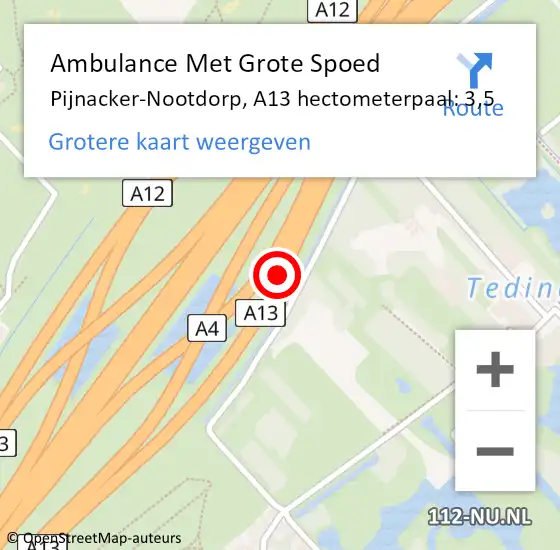 Locatie op kaart van de 112 melding: Ambulance Met Grote Spoed Naar Den Haag, A13 hectometerpaal: 3,5 op 10 november 2022 08:49