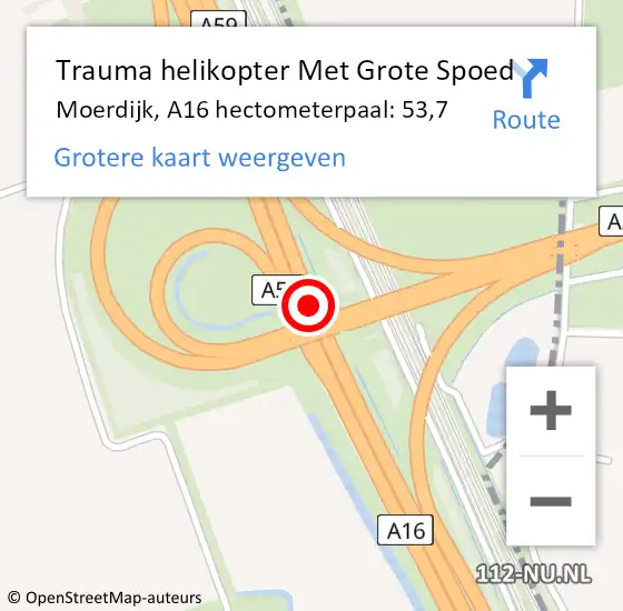 Locatie op kaart van de 112 melding: Trauma helikopter Met Grote Spoed Naar Moerdijk, A16 hectometerpaal: 53,7 op 10 november 2022 17:46