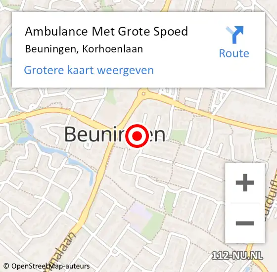 Locatie op kaart van de 112 melding: Ambulance Met Grote Spoed Naar Beuningen, Korhoenlaan op 11 november 2022 13:35
