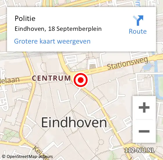 Locatie op kaart van de 112 melding: Politie Eindhoven, 18 Septemberplein op 13 november 2022 15:51