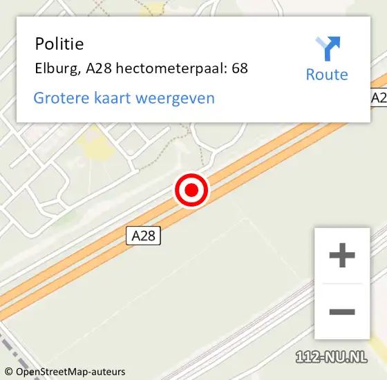 Locatie op kaart van de 112 melding: Politie Elburg, A28 hectometerpaal: 68 op 14 november 2022 17:16