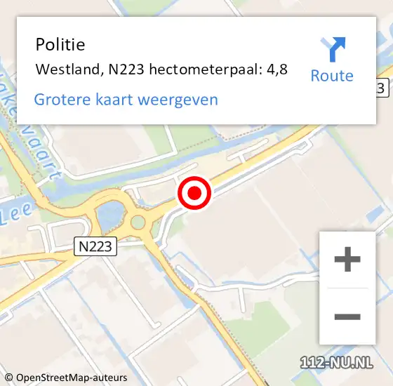 Locatie op kaart van de 112 melding: Politie Westland, N223 hectometerpaal: 4,8 op 14 november 2022 20:38