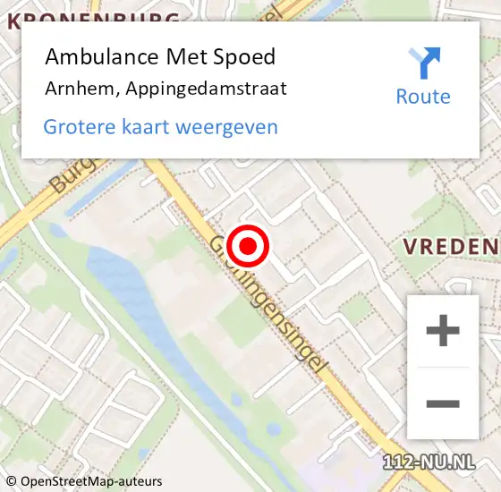 Locatie op kaart van de 112 melding: Ambulance Met Spoed Naar Arnhem, Appingedamstraat op 15 november 2022 11:54