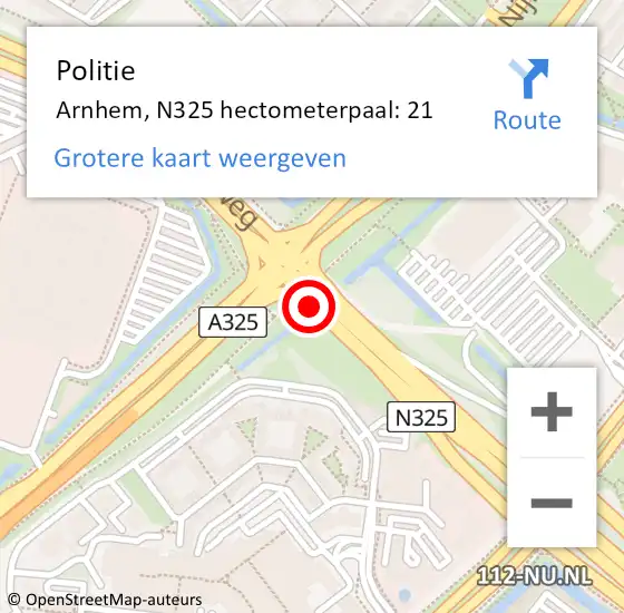 Locatie op kaart van de 112 melding: Politie Arnhem, N325 hectometerpaal: 21 op 15 november 2022 14:44