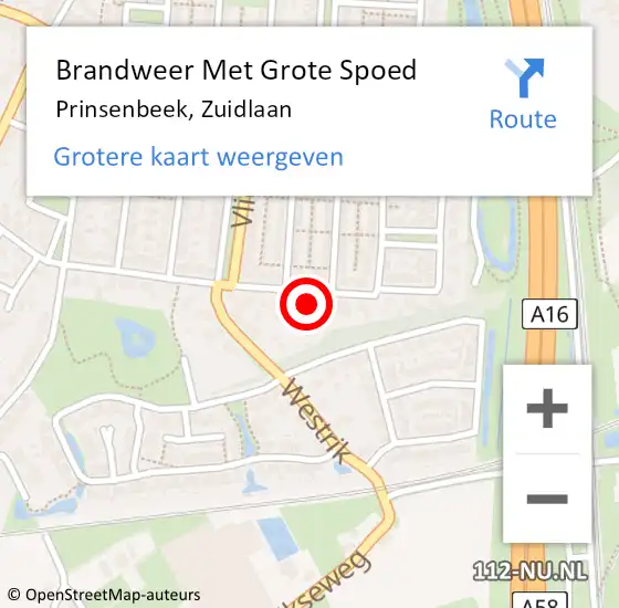 Locatie op kaart van de 112 melding: Brandweer Met Grote Spoed Naar Prinsenbeek, Zuidlaan op 15 november 2022 19:12
