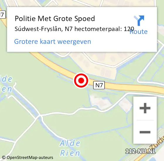 Locatie op kaart van de 112 melding: Politie Met Grote Spoed Naar Súdwest-Fryslân, N7 hectometerpaal: 120 op 16 november 2022 23:30