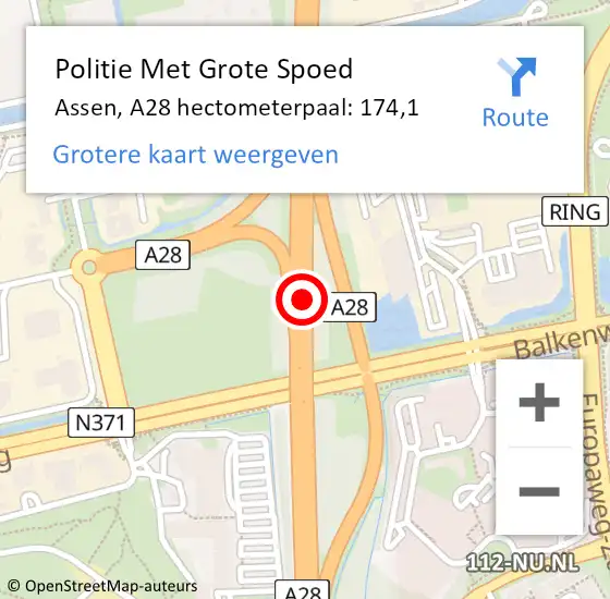 Locatie op kaart van de 112 melding: Politie Met Grote Spoed Naar Assen, A28 hectometerpaal: 174,1 op 18 november 2022 03:04