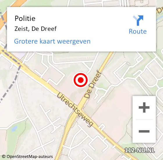 Locatie op kaart van de 112 melding: Politie Zeist, De Dreef op 18 november 2022 06:39