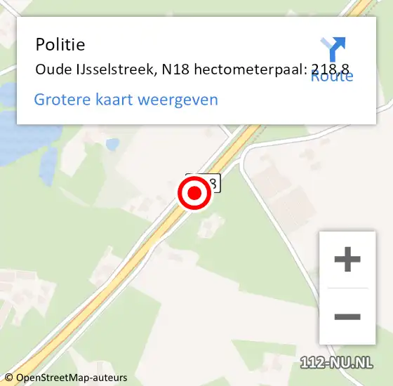 Locatie op kaart van de 112 melding: Politie Oude IJsselstreek, N18 hectometerpaal: 218,8 op 18 november 2022 17:17