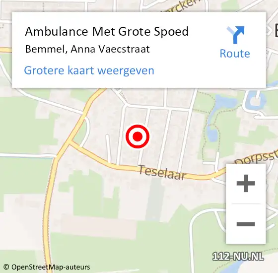 Locatie op kaart van de 112 melding: Ambulance Met Grote Spoed Naar Bemmel, Anna Vaecstraat op 19 november 2022 15:42