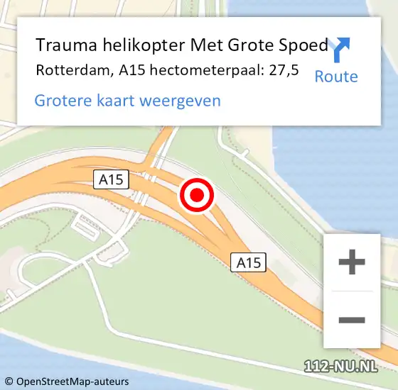 Locatie op kaart van de 112 melding: Trauma helikopter Met Grote Spoed Naar Rotterdam, A15 hectometerpaal: 27,5 op 20 november 2022 22:48