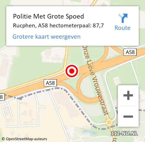 Locatie op kaart van de 112 melding: Politie Met Grote Spoed Naar Rucphen, A58 hectometerpaal: 87,7 op 21 november 2022 05:31