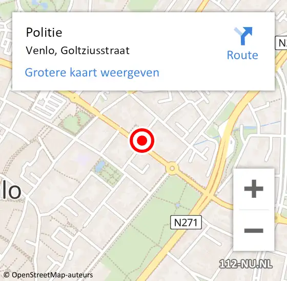 Locatie op kaart van de 112 melding: Politie Venlo, Goltziusstraat op 21 november 2022 14:02