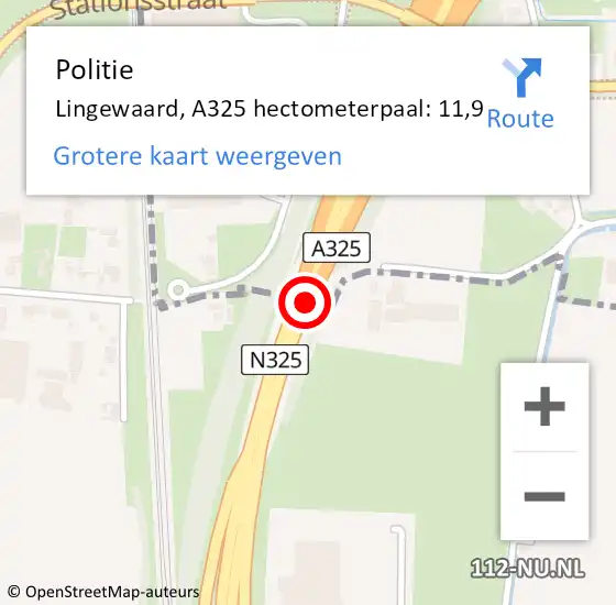Locatie op kaart van de 112 melding: Politie Lingewaard, A325 hectometerpaal: 11,9 op 21 november 2022 17:12