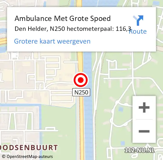 Locatie op kaart van de 112 melding: Ambulance Met Grote Spoed Naar Den Helder, N250 hectometerpaal: 116,3 op 22 november 2022 04:51