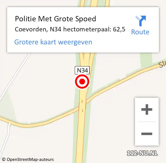 Locatie op kaart van de 112 melding: Politie Met Grote Spoed Naar Coevorden, N34 hectometerpaal: 62,5 op 22 november 2022 17:26