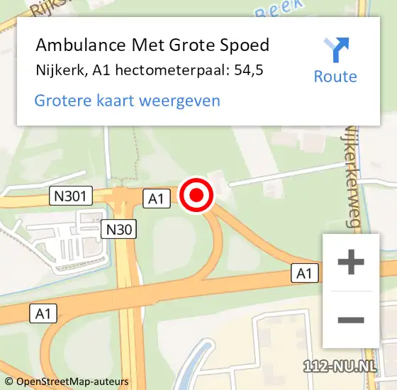 Locatie op kaart van de 112 melding: Ambulance Met Grote Spoed Naar Barneveld, A1 hectometerpaal: 54,5 op 22 november 2022 17:58