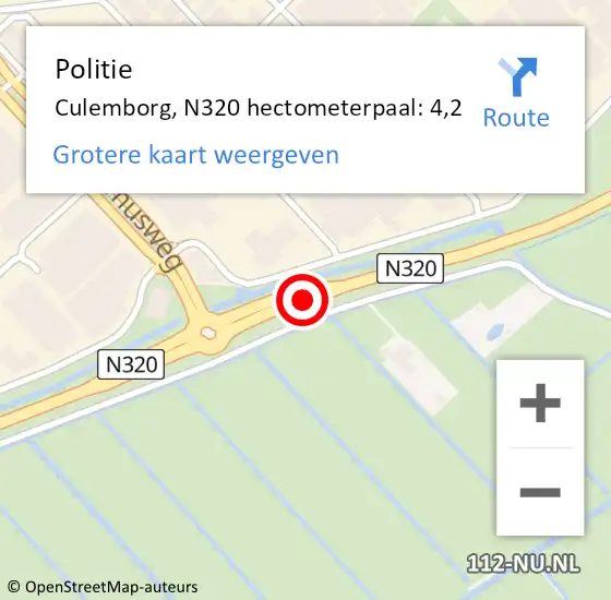 Locatie op kaart van de 112 melding: Politie Culemborg, N320 hectometerpaal: 4,2 op 23 november 2022 08:24