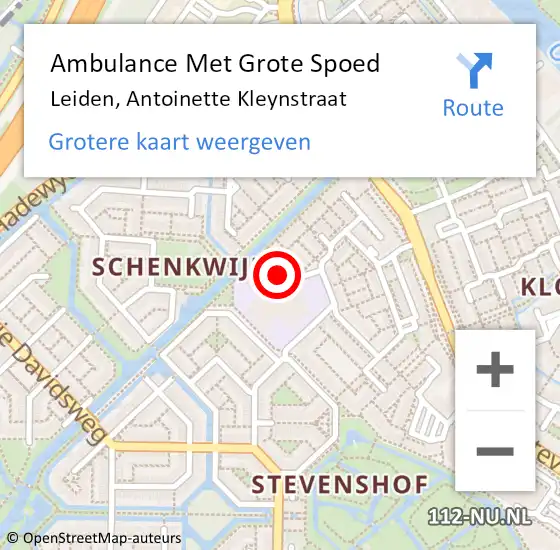 Locatie op kaart van de 112 melding: Ambulance Met Grote Spoed Naar Leiden, Antoinette Kleynstraat op 24 november 2022 07:12