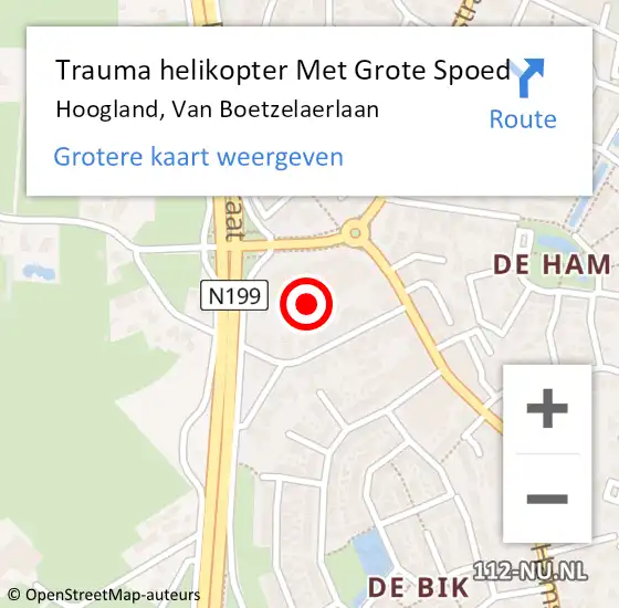 Locatie op kaart van de 112 melding: Trauma helikopter Met Grote Spoed Naar Hoogland, Van Boetzelaerlaan op 24 november 2022 07:53