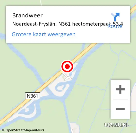 Locatie op kaart van de 112 melding: Brandweer Noardeast-Fryslân, N361 hectometerpaal: 53,4 op 25 november 2022 16:56