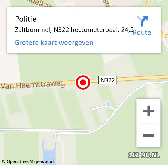 Locatie op kaart van de 112 melding: Politie Zaltbommel, N322 hectometerpaal: 24,5 op 25 november 2022 22:58