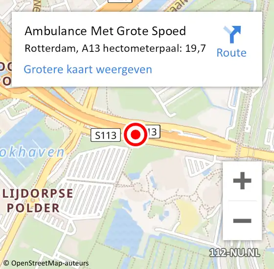 Locatie op kaart van de 112 melding: Ambulance Met Grote Spoed Naar Rotterdam, A13 hectometerpaal: 19,7 op 26 november 2022 17:23