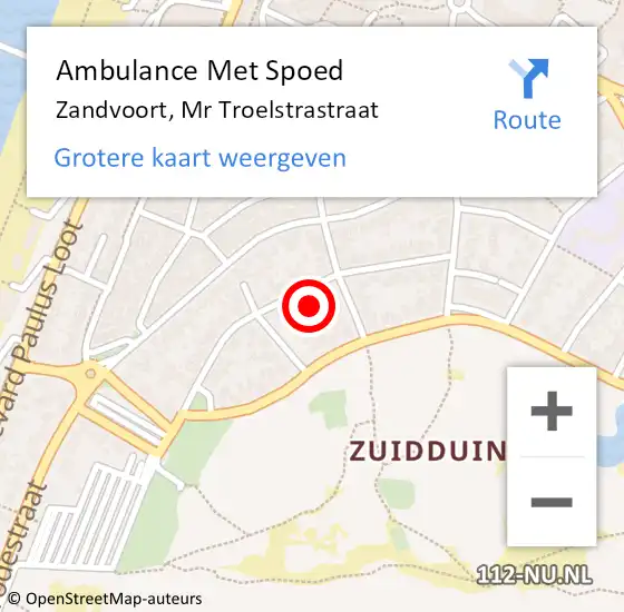 Locatie op kaart van de 112 melding: Ambulance Met Spoed Naar Zandvoort, Mr Troelstrastraat op 26 november 2022 21:03