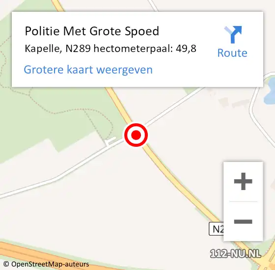 Locatie op kaart van de 112 melding: Politie Met Grote Spoed Naar Kapelle, N289 hectometerpaal: 49,8 op 26 november 2022 21:52