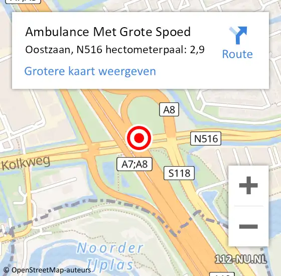 Locatie op kaart van de 112 melding: Ambulance Met Grote Spoed Naar Oostzaan, N516 hectometerpaal: 2,9 op 26 november 2022 22:19