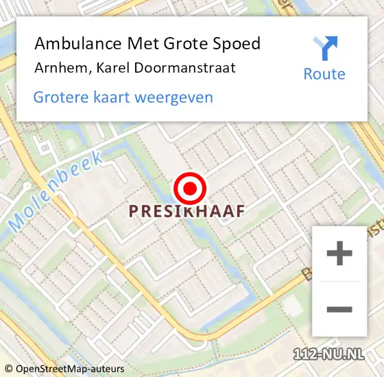 Locatie op kaart van de 112 melding: Ambulance Met Grote Spoed Naar Arnhem, Karel Doormanstraat op 26 november 2022 22:54