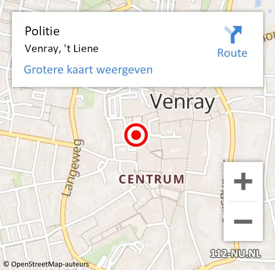 Locatie op kaart van de 112 melding: Politie Venray, 't Liene op 27 november 2022 15:02