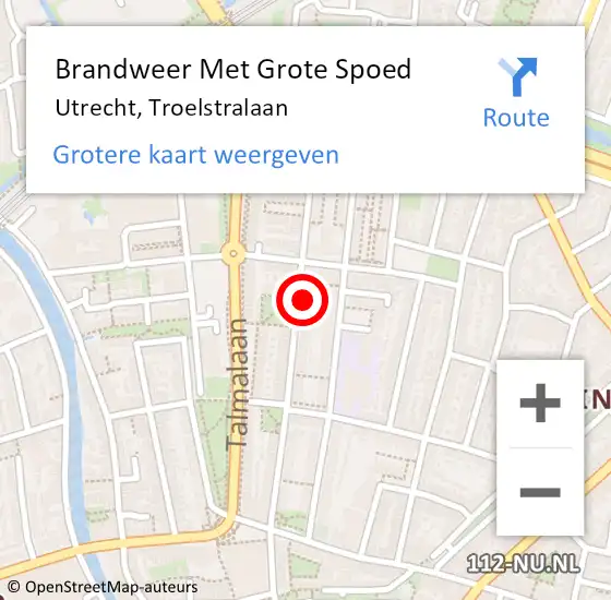 Locatie op kaart van de 112 melding: Brandweer Met Grote Spoed Naar Utrecht, Troelstralaan op 27 november 2022 22:04