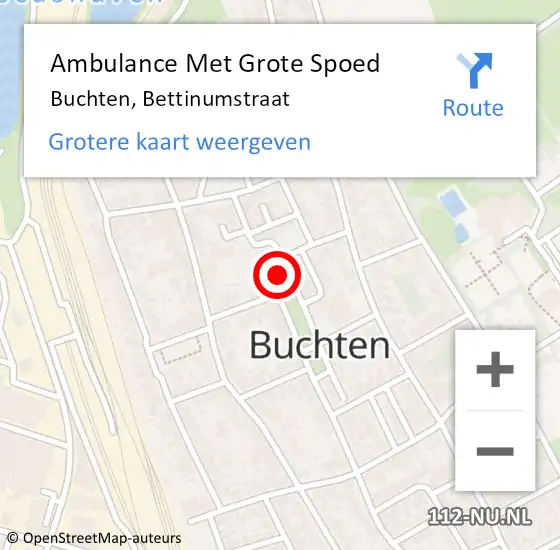 Locatie op kaart van de 112 melding: Ambulance Met Grote Spoed Naar Buchten, Bettinumstraat op 28 november 2022 19:41