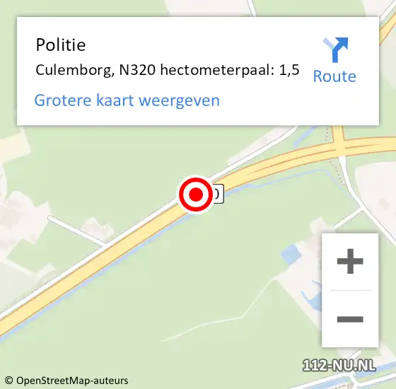 Locatie op kaart van de 112 melding: Politie Culemborg, N320 hectometerpaal: 1,5 op 30 november 2022 07:47