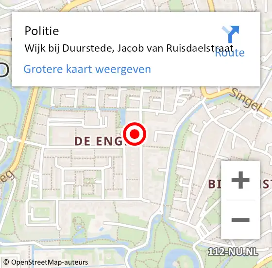 Locatie op kaart van de 112 melding: Politie Wijk bij Duurstede, Jacob van Ruisdaelstraat op 30 november 2022 10:49
