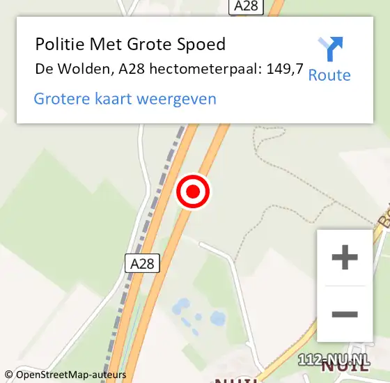 Locatie op kaart van de 112 melding: Politie Met Grote Spoed Naar De Wolden, A28 hectometerpaal: 149,7 op 30 november 2022 17:45