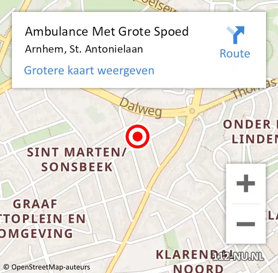 Locatie op kaart van de 112 melding: Ambulance Met Grote Spoed Naar Arnhem, St. Antonielaan op 30 november 2022 21:33